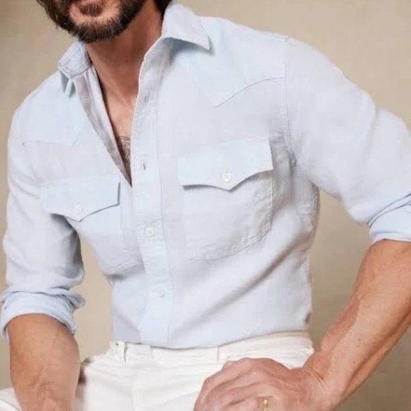 Banana Republic Linen Western Shirt, Light Blue, XL NWT - Picture 1 of 9